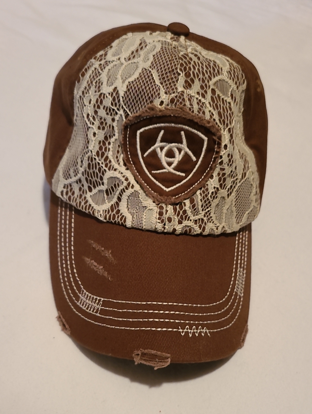 Ariat Baseball Cap Hat Brown Cream Lace Distressed Strapback